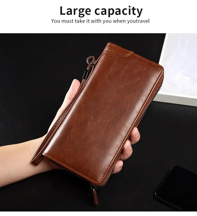 Men's long zipper wallet in brown PU leather by Simples Market with RFID blocking