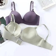 Two-pack women's seamless wireless bra set: purple and nude beige 3/4 cup bralettes.