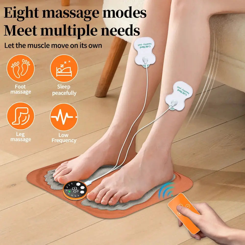 3D Smart Foot Massage Pad by Simples Market, two white massage patches on an orange mat with remote