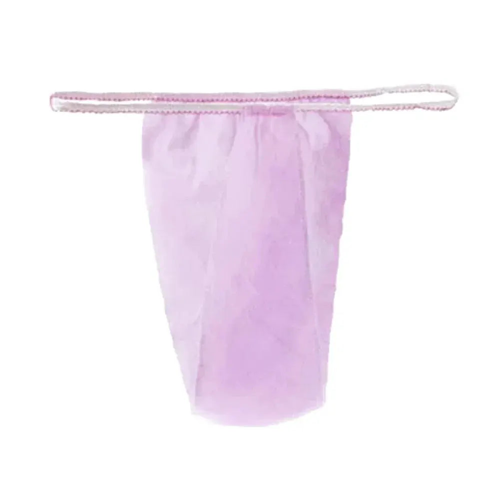 Disposable lavender T-thong underwear for women, spa nonwoven fabric, individually wrapped