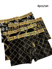 4pcs set of men's boxer underwear, black fabric with gold chain/grid pattern and yellow waistband
