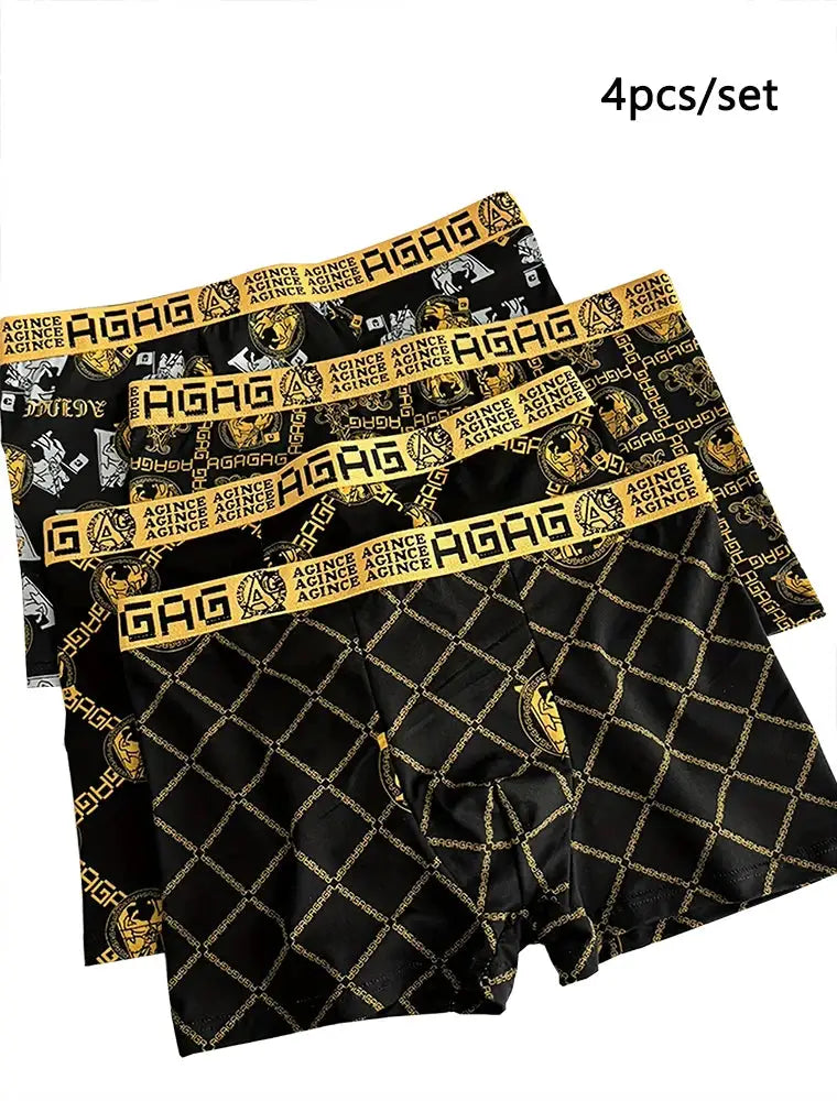4pcs set of men's boxer underwear, black fabric with gold chain/grid pattern and yellow waistband