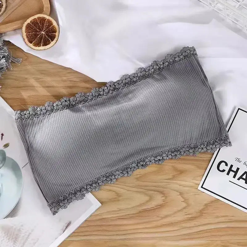 Lace strapless bra by Simples Market in grey ribbed fabric with delicate lace trim.