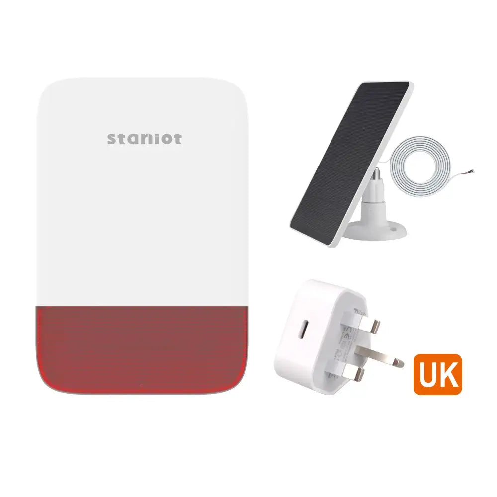 Staniot wireless strobe siren kit with solar panel charger, stand and UK plug; white unit with red base.