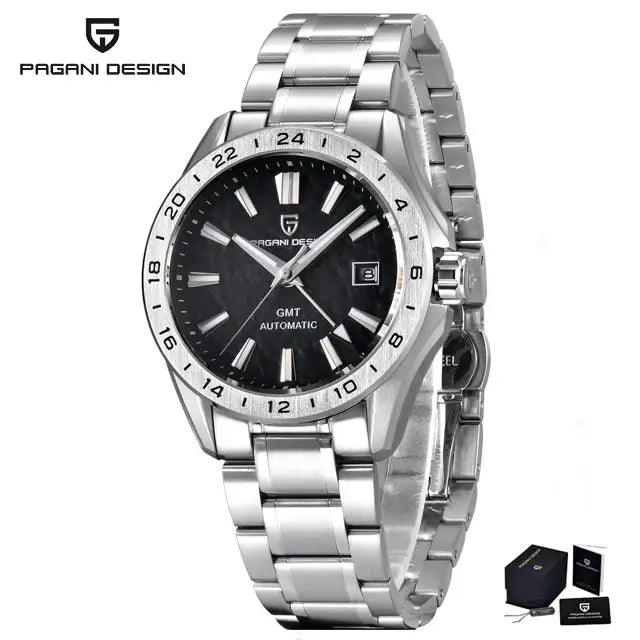 Pagani Design GMT automatic stainless steel men's watch with black dial, date window, and 24-hour bezel
