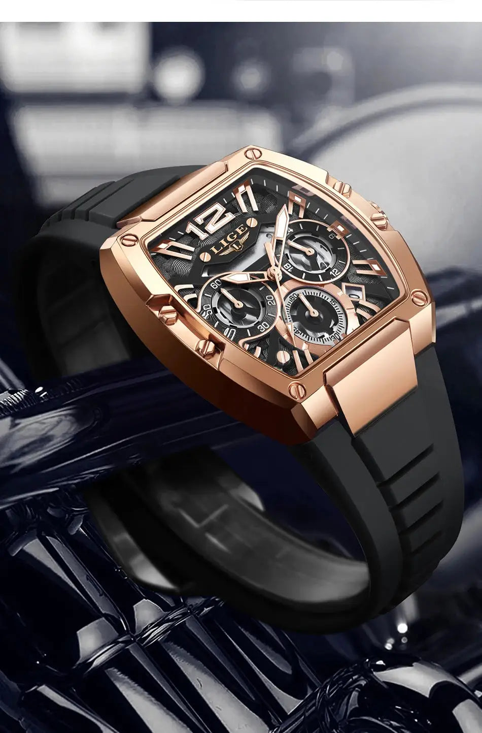 LIGE men's quartz chronograph watch with rose-gold-tone case and black silicone strap