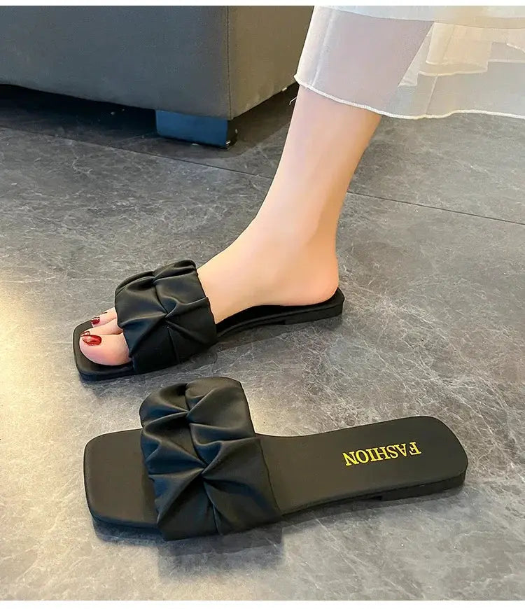 SeoulSole Pleated Korean Slippers For Women Green Summer Slip On Flats With Breathable Comfort