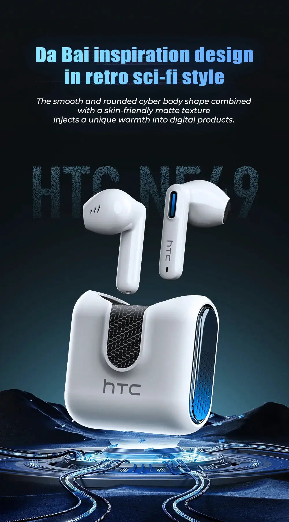 HTC NE49 Bluetooth wireless earphones and charging case, white with blue accents.
