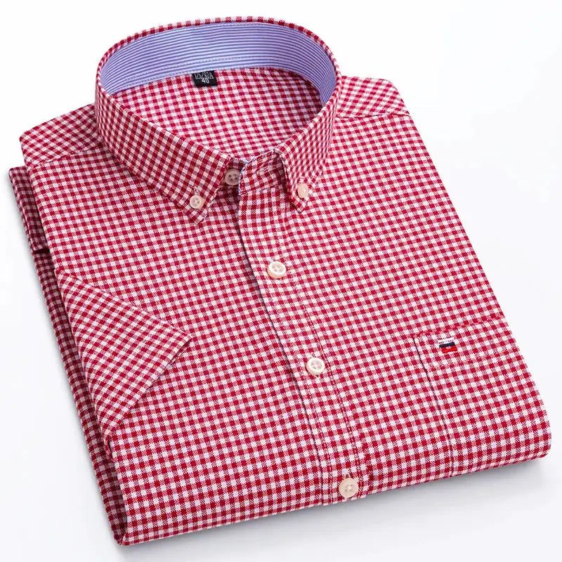 Simples Market men's red and white plaid oxford shirt, short sleeve, 100% cotton.