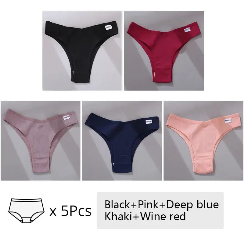 Panties 5-pack by Simples Market, cotton Brazilian T-back underwear in black, pink, deep blue, khaki, wine red