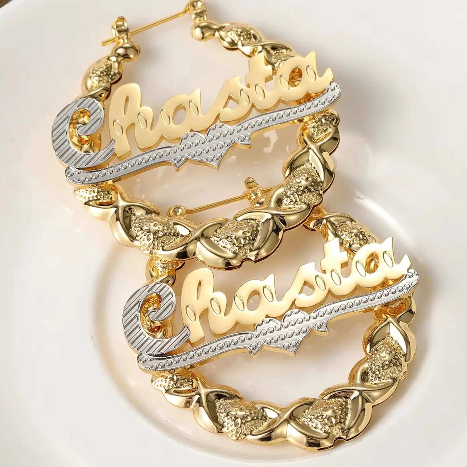 Gold-tone hoop name earrings set of 2 with XOXO nameplate and beaded silver bar