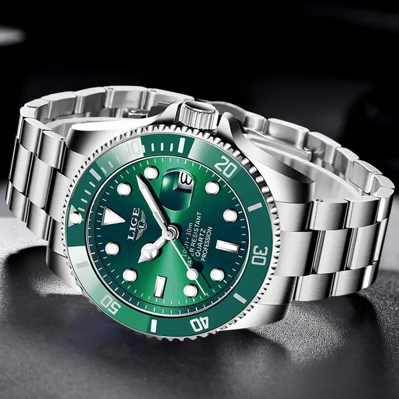 LIGE Luxury Fashion Diver Watch For Men 30ATM Waterproof Quartz Date Stainless Steel Wristwatch