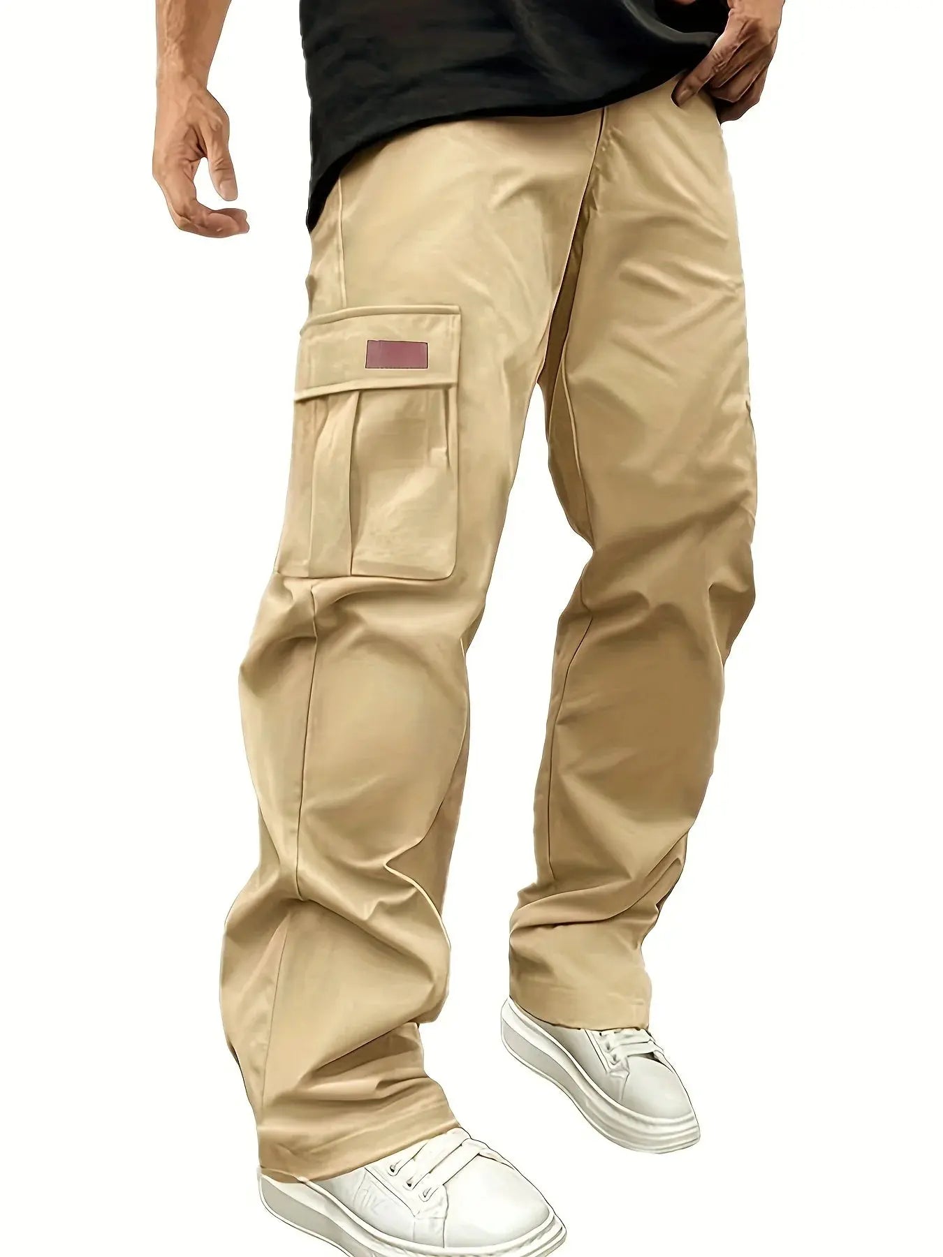 Men's tan cargo work pants with large thigh pocket and multiple utility pockets