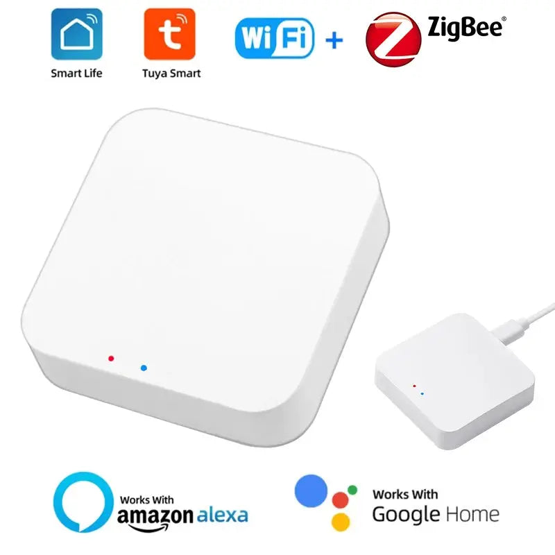Simples Market Zigbee temperature humidity sensor; white square hub with red/blue LEDs; works with Alexa and Google Home