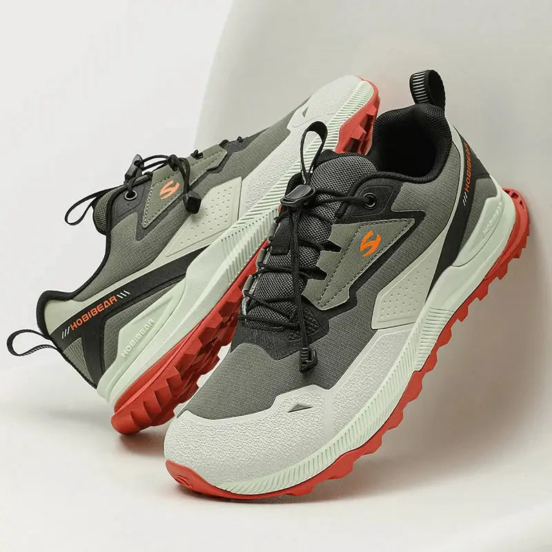 HOBIBEAR unisex running shoes, gray and black mesh with orange outsole, lightweight breathable pair