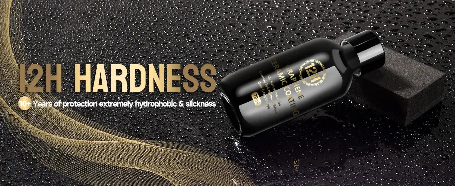 Graphene ceramic coating bottle and sponge applicator (2 items) on a wet black surface with 12H hardness and gold label