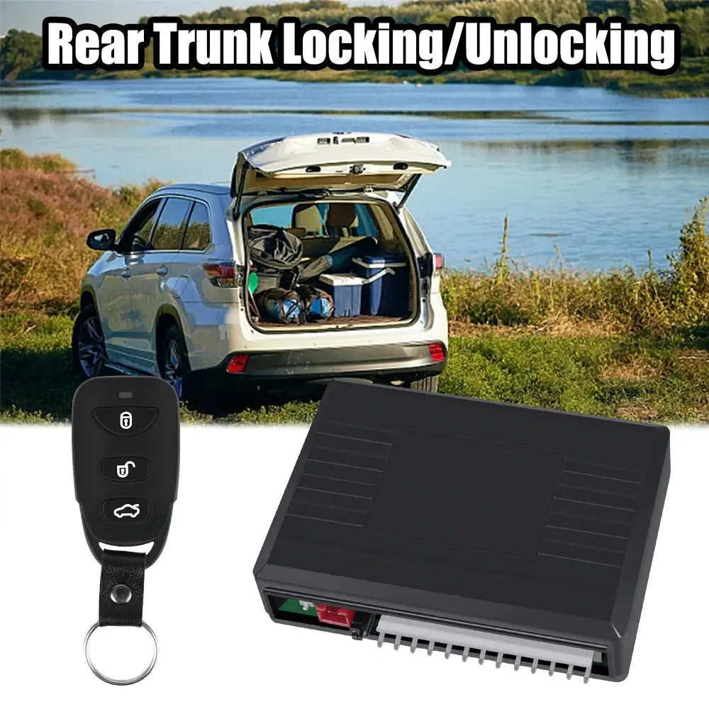 Car remote central locking kit by Simples Market with alarm, black key fob and module beside an SUV with open trunk