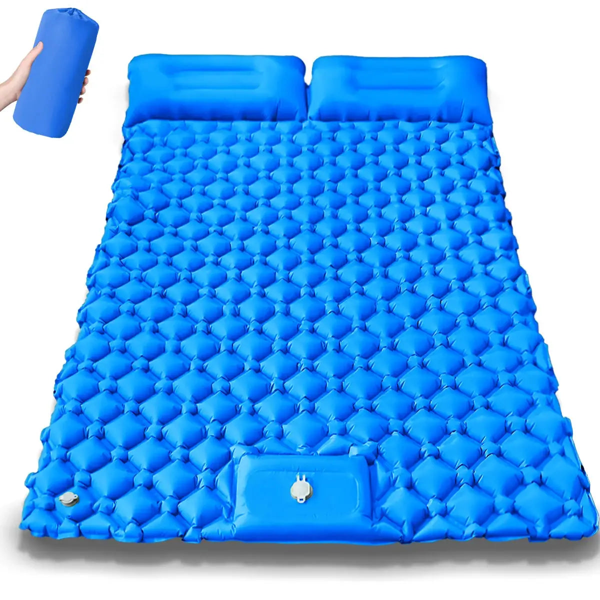 Simples Market double air mattress for camping with built-in pump, bright blue, tufted surface, portable