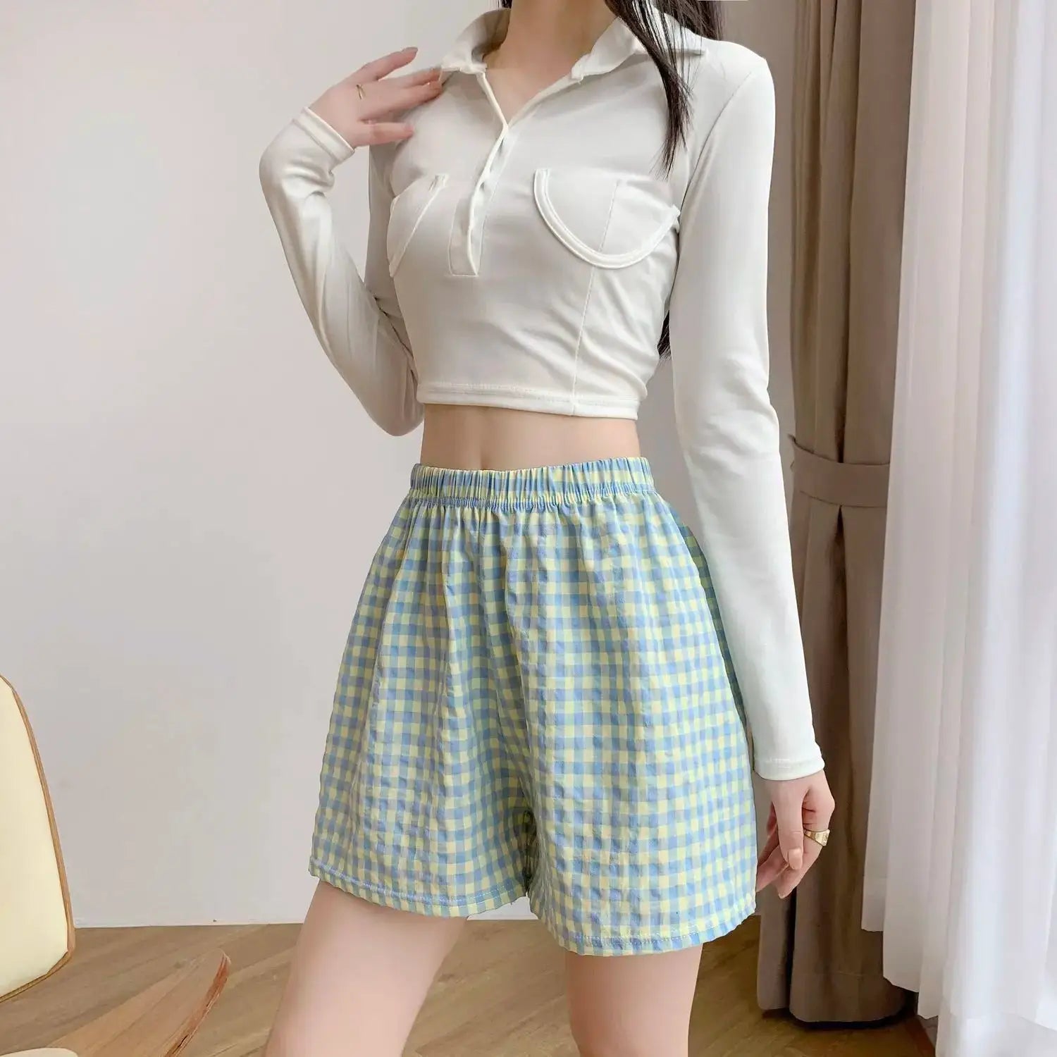 Summer Home Shorts for women, high-waisted plaid blue-yellow gingham with elastic waistband
