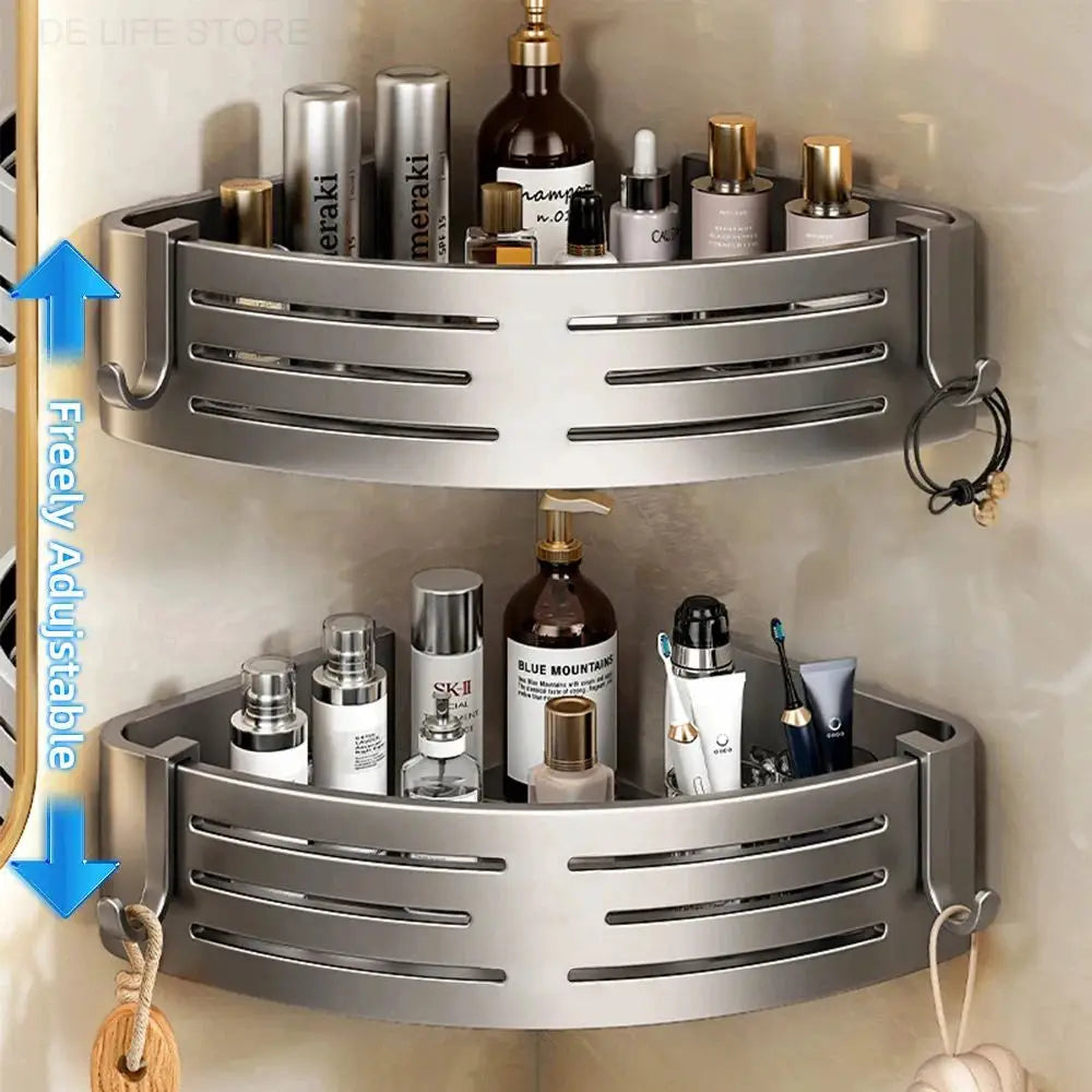 Two-tier space aluminum bathroom corner shelf with plastic hooks and towel bar, no-drill shower storage organizer