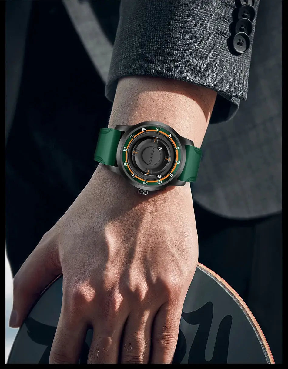 FOXBOX green silicone men's wristwatch with black case, green strap, orange-accent bezel