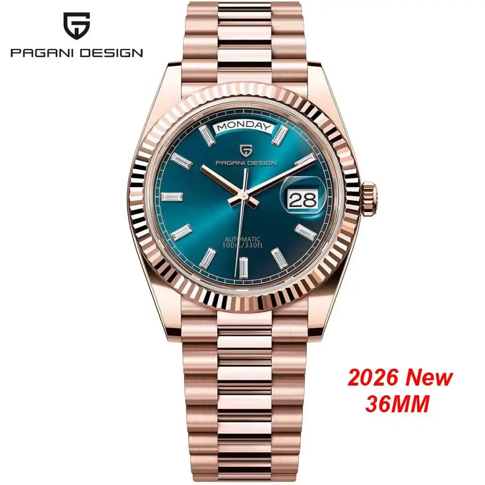 Pagani Design men's rose-gold automatic watch with blue dial and day/date window