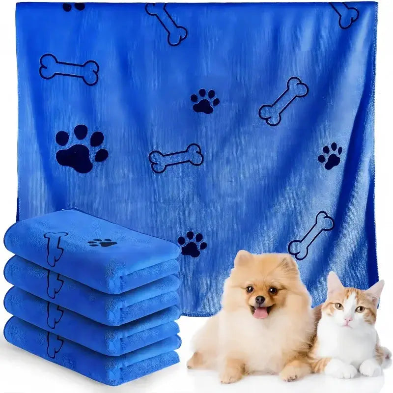 Simples Market blue microfiber dog towel set with bone and paw designs; 4 absorbent medium towels