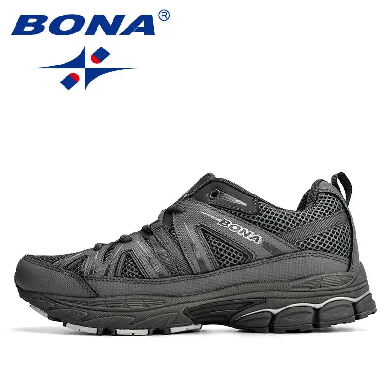 BONA men's running shoes in dark gray mesh and microfiber, lace-up outdoor jogger sneakers.