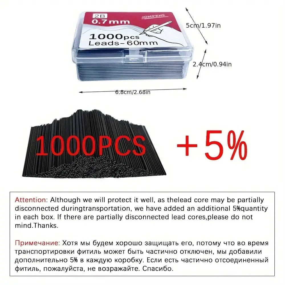 Simples Market transparent mechanical pencils with 0.5/0.7/0.9mm leads and 60mm 2B refills, includes 1000 leads in 2 tubes