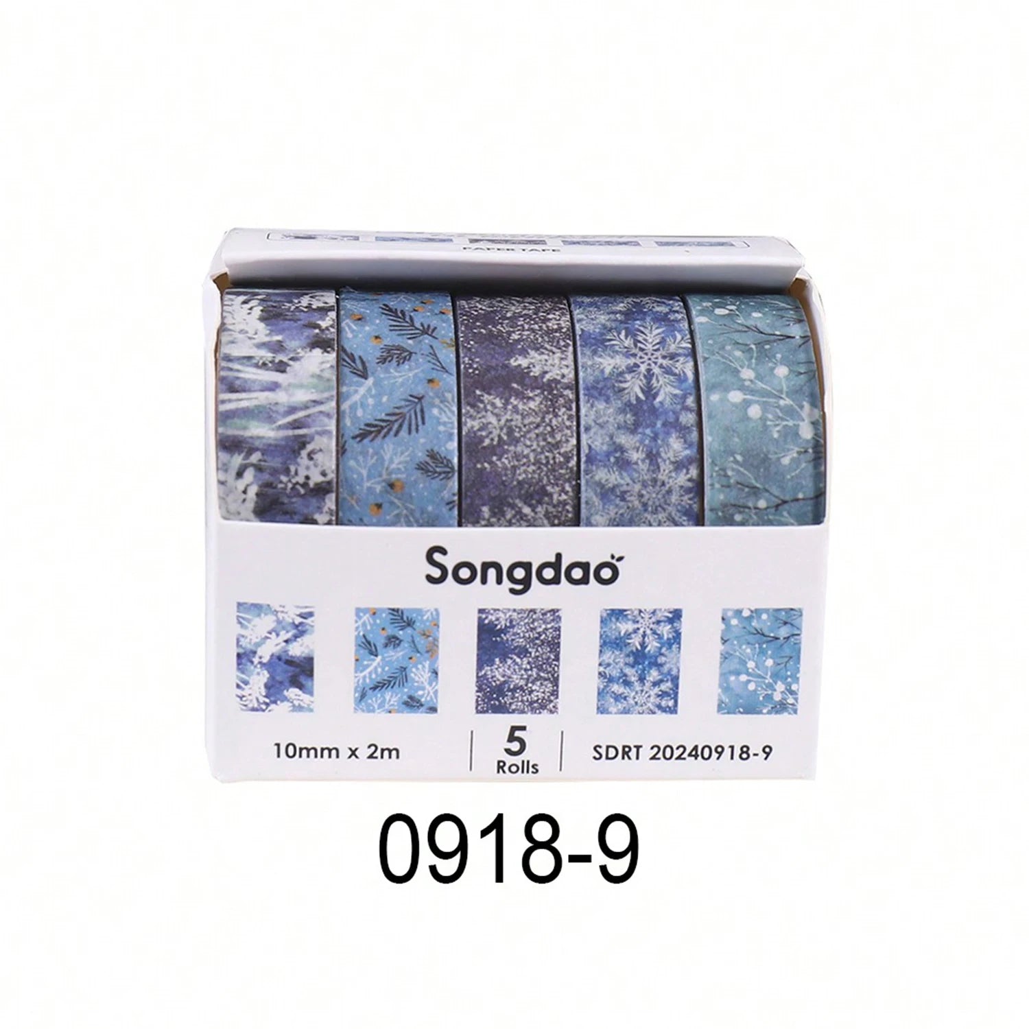 Boxed washi tape set, 5 rolls, Songdao, blue winter floral snowflake designs
