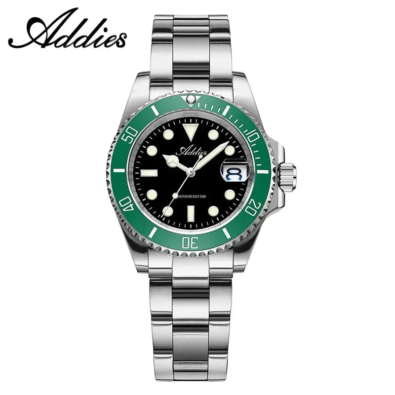 Addies women's stainless steel quartz watch with green bezel, black dial, date window, 50m water resistant.