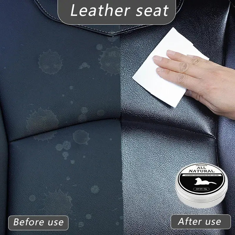 Car leather cleaning cream on black leather seat by Simples Market; before and after finish with cloth and jar.