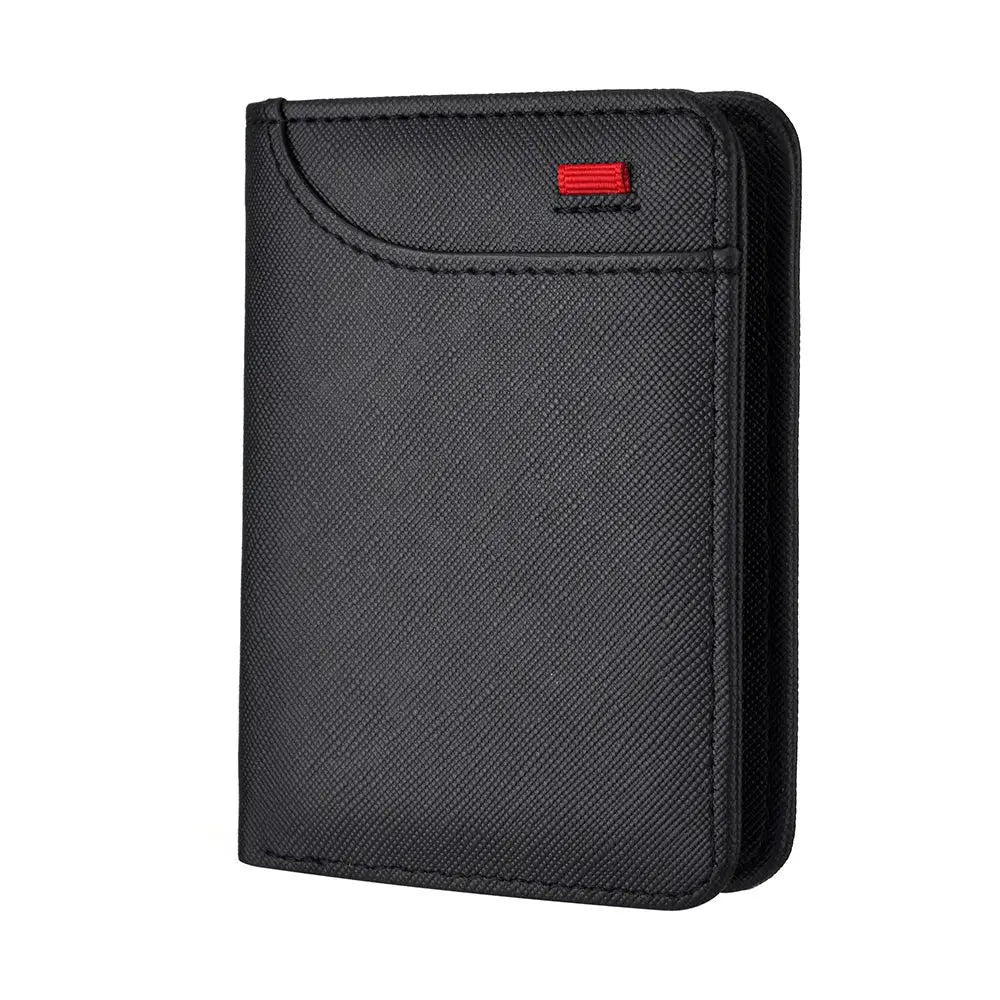 Simples Market men's vertical multi-card wallet in black with red accent tab