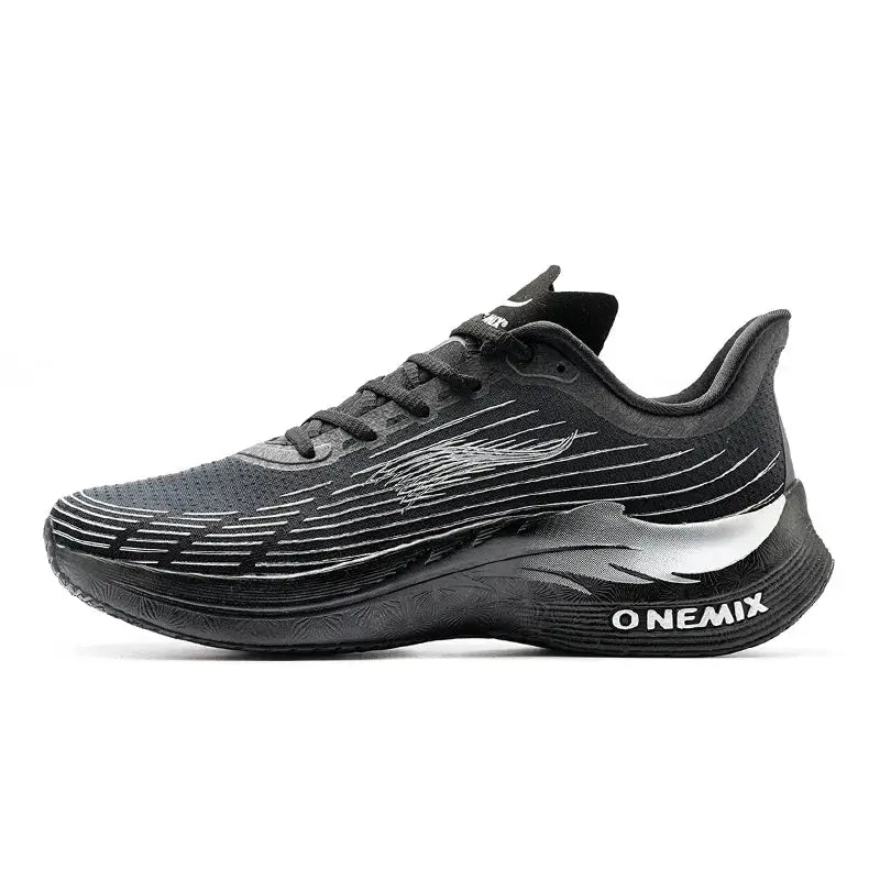 Onemix black lace-up running shoes, lightweight athletic sneakers with white side graphics