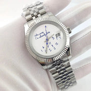 Watch stainless steel bracelet with white dial, blue hands, dial text who cares I'm already late, and date window.