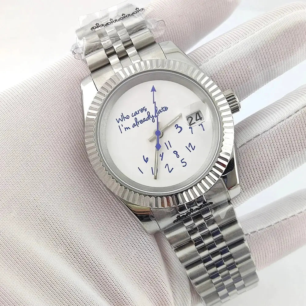 Watch stainless steel bracelet with white dial, blue hands, dial text who cares I'm already late, and date window.