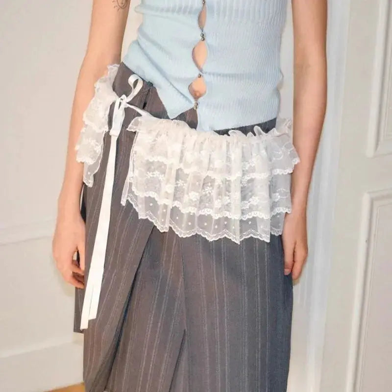 Skirt by Simples Market; Y2K lace waist belt over grey pinstripe pleated skirt.