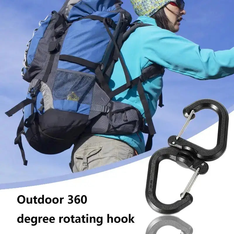 Double clip carabiner with 360-degree rotating hook for outdoor use, shown attached to a blue hiking backpack.