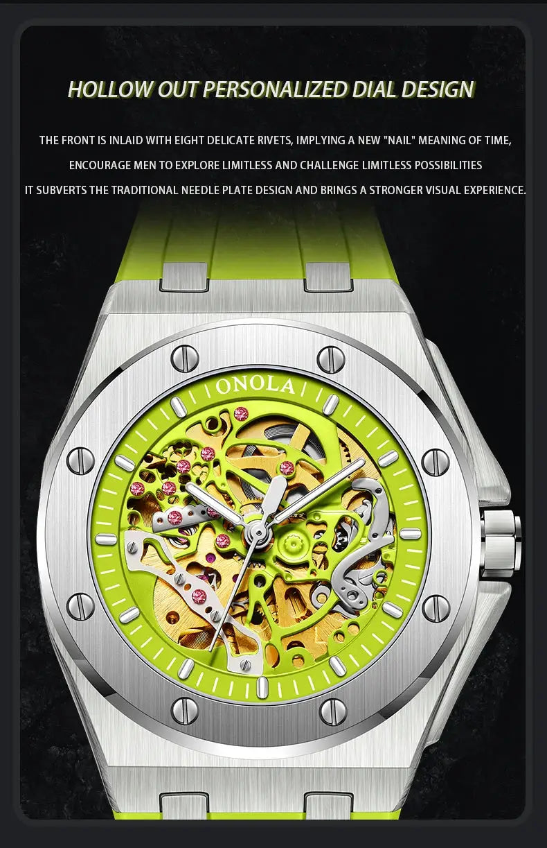 ONOLA watch with skeleton automatic movement, lime-green dial ring, silver brushed case, and neon green strap