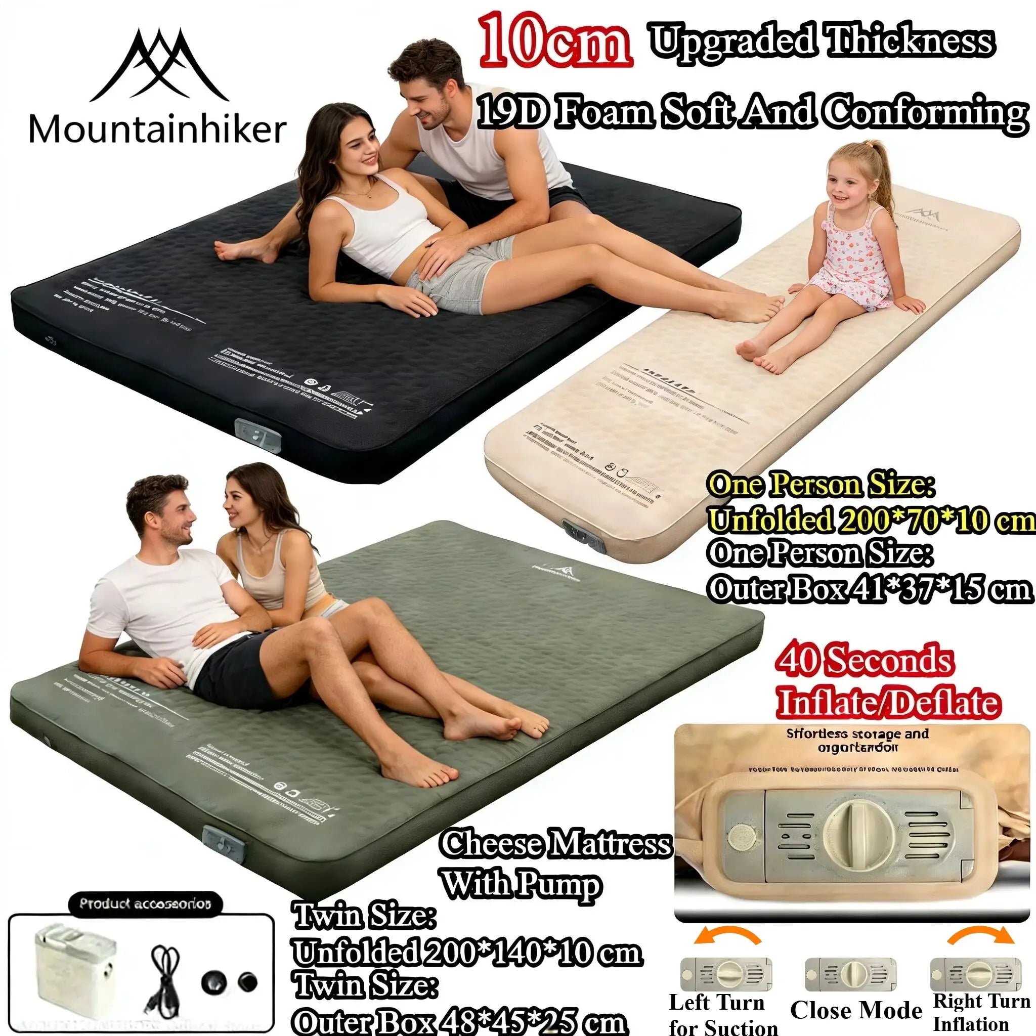 MountainHiker Self Inflating Mattress For Single Or Double Use Thick 10cm Camping Sleeping Pad Compact Folding Bed