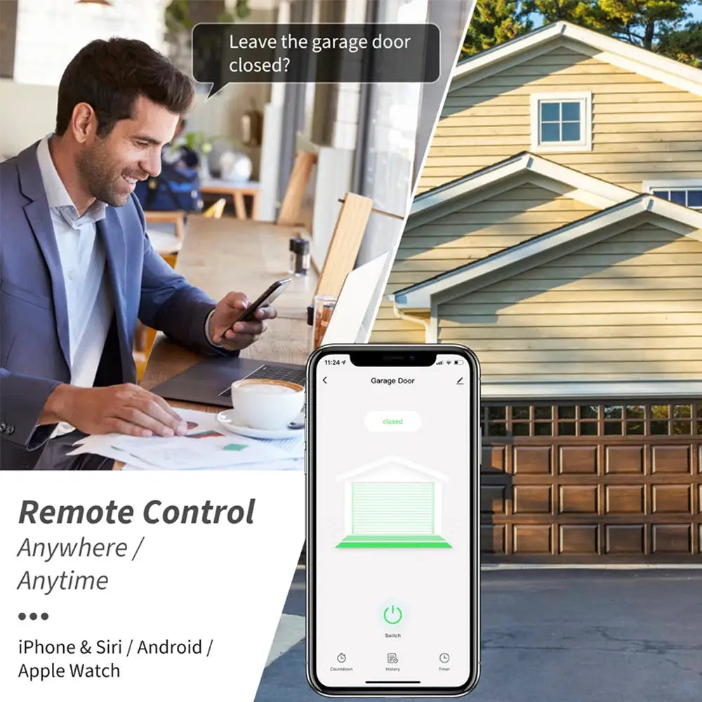 Simples Market smart WiFi garage door opener; iPhone app control shown with garage-icon interface.