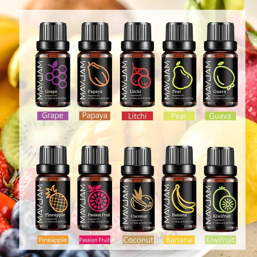 MAYJAM Fruit Essential Oil 10ml Assorted Fruit Fragrance for Diffuser Candle Cherry Banana Papaya Grape Litchi Guava Kiwifruit Pear