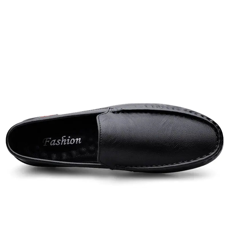 Men's black leather slip-on loafers with moccasin styling