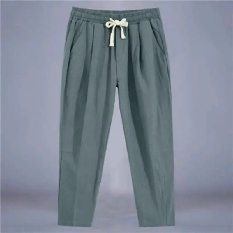 Mens Cotton Linen Solid Color Casual Pants Breathable Loose Fit Trousers With Drawstring Waist Streetwear