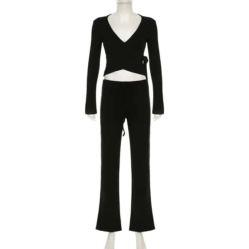 Absobe 2 Piece Leisure Suit Women Flare Sleeve Crop Cardigan Pants