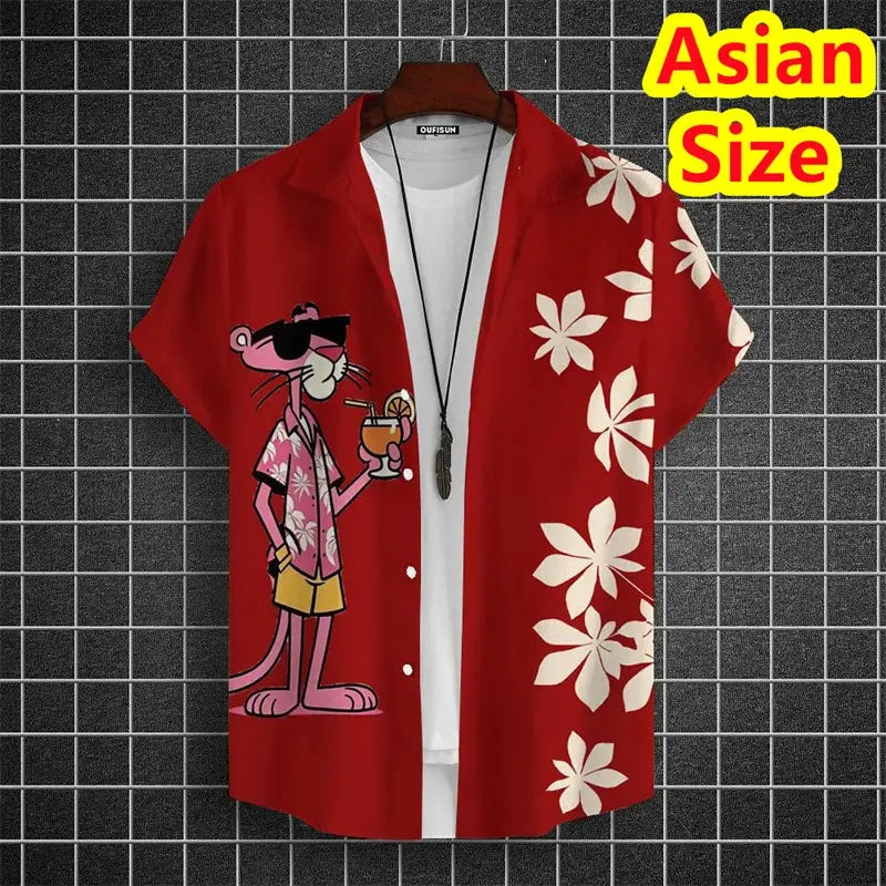 Red short-sleeve shirt with white hibiscus floral print and a cartoon tiger graphic