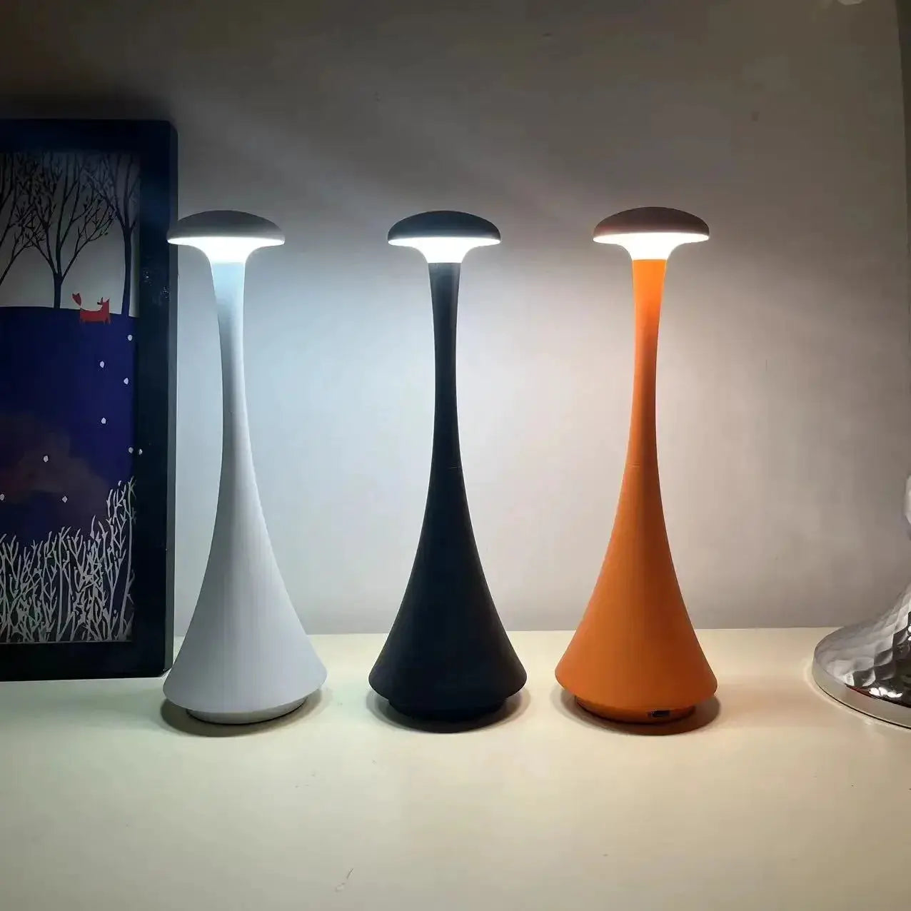 Mushroom table lamps (3) in white, black and orange with USB-C rechargeable wireless touch controls