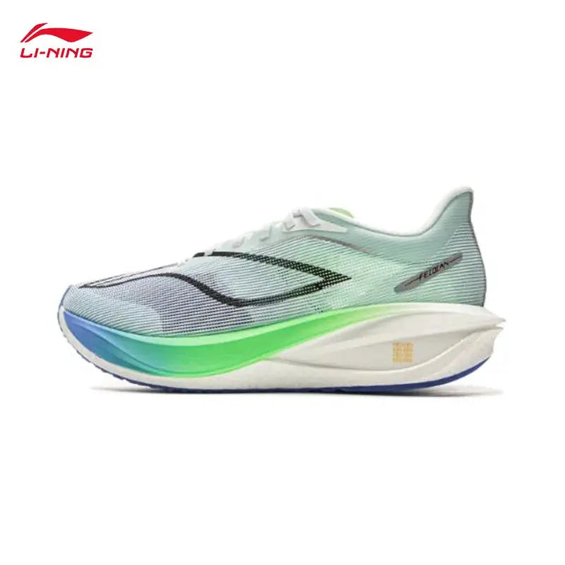 Li-Ning Feidian 5 Challenger men's running shoe; gradient teal mesh upper with lime-green midsole.