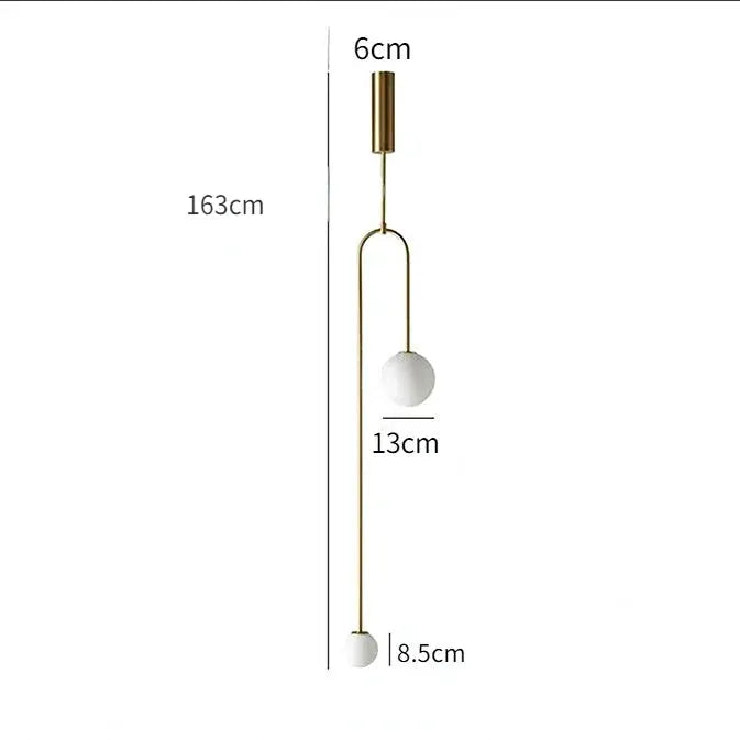 Modern gold pendant light with twin glass spheres on a slim vertical rod, LED bedside lamp