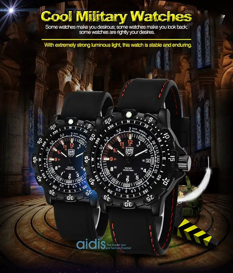 Military-style wristwatches by aidis: two black, luminous-dial models with red-stitched straps